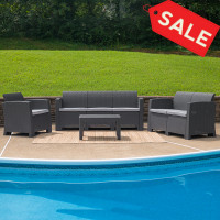 Flash Furniture DAD-SF-123T-DKGY-GG 4 Piece Outdoor Faux Rattan Chair, Loveseat, Sofa and Table Set in Dark Gray 